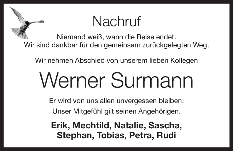  Traueranzeige für Werner Surmann vom 13.01.2020 aus OM-Medien