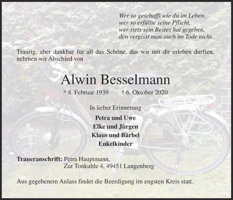  Traueranzeige für Alwin Besselmann vom 09.10.2020 aus OM-Medien