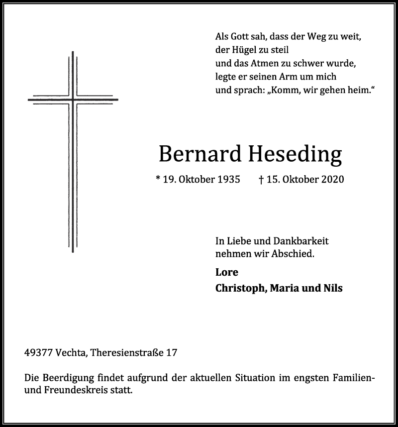  Traueranzeige für Bernard Heseding vom 19.10.2020 aus OM-Medien