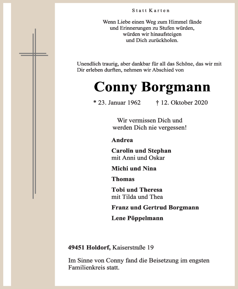  Traueranzeige für Conny Borgmann vom 29.10.2020 aus OM-Medien