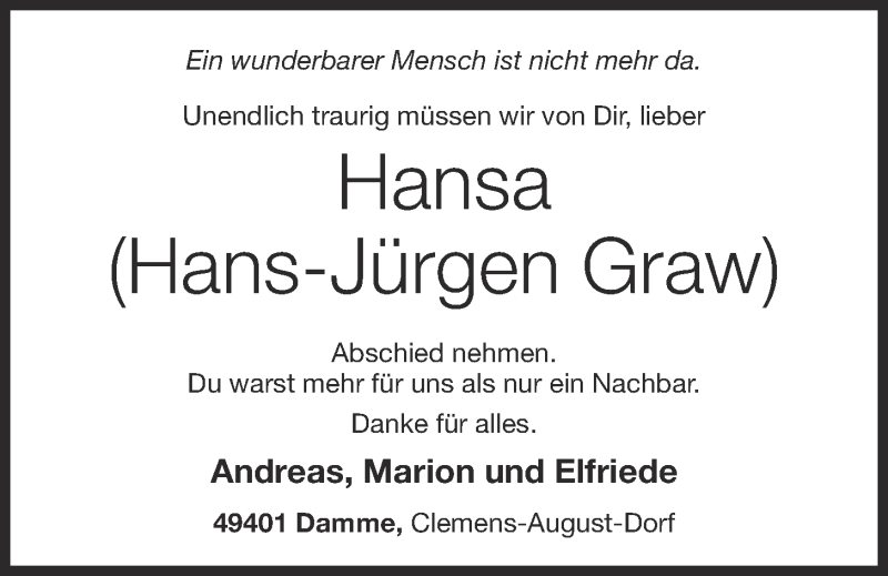  Traueranzeige für Hans-Jürgen Graw vom 12.10.2020 aus OM-Medien