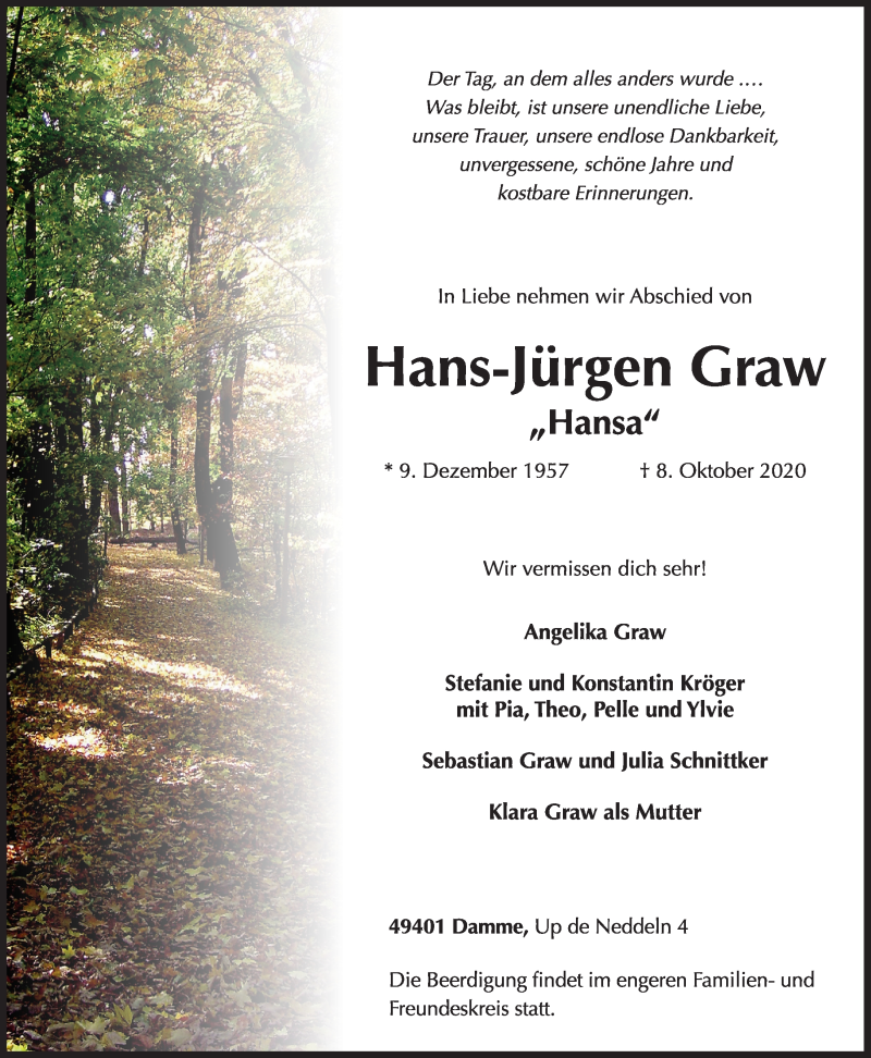  Traueranzeige für Hans-Jürgen Graw vom 10.10.2020 aus OM-Medien