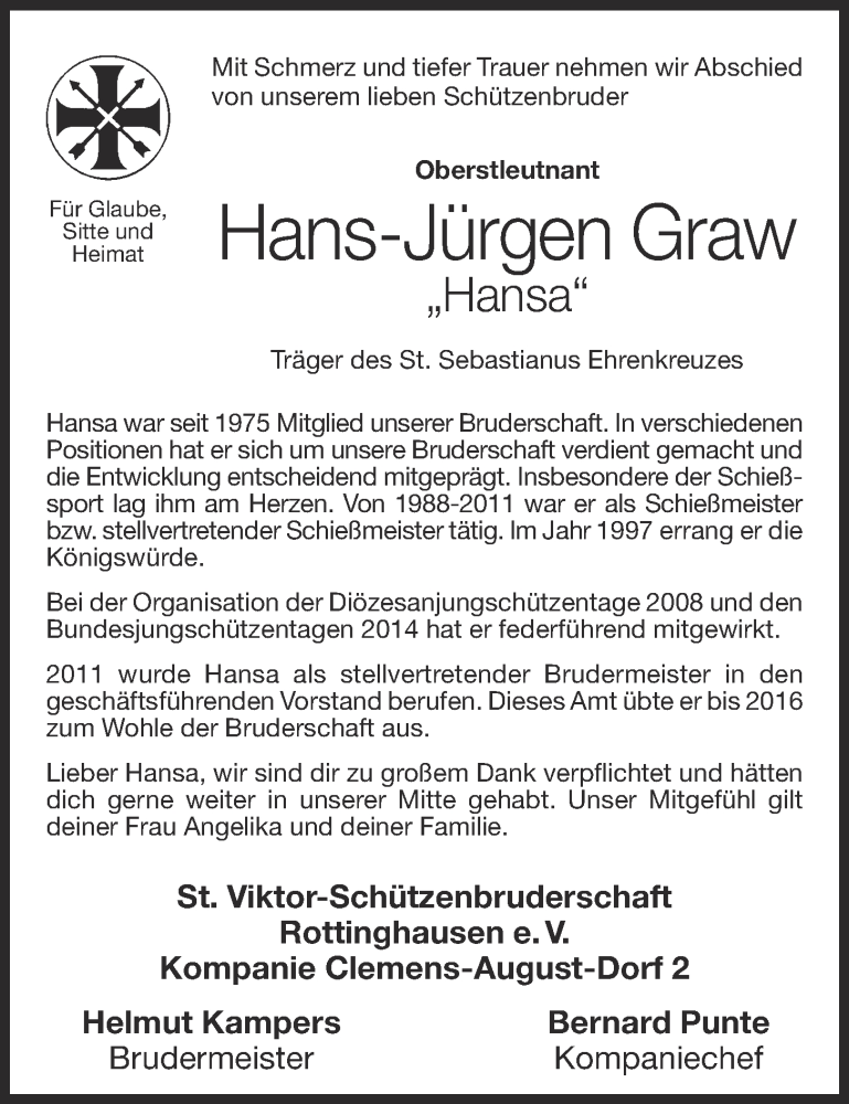  Traueranzeige für Hans-Jürgen Graw vom 13.10.2020 aus OM-Medien