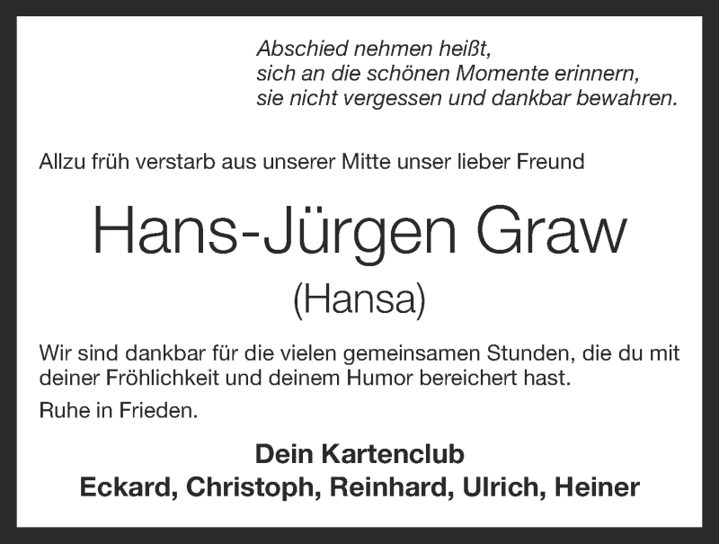  Traueranzeige für Hans-Jürgen Graw vom 12.10.2020 aus OM-Medien
