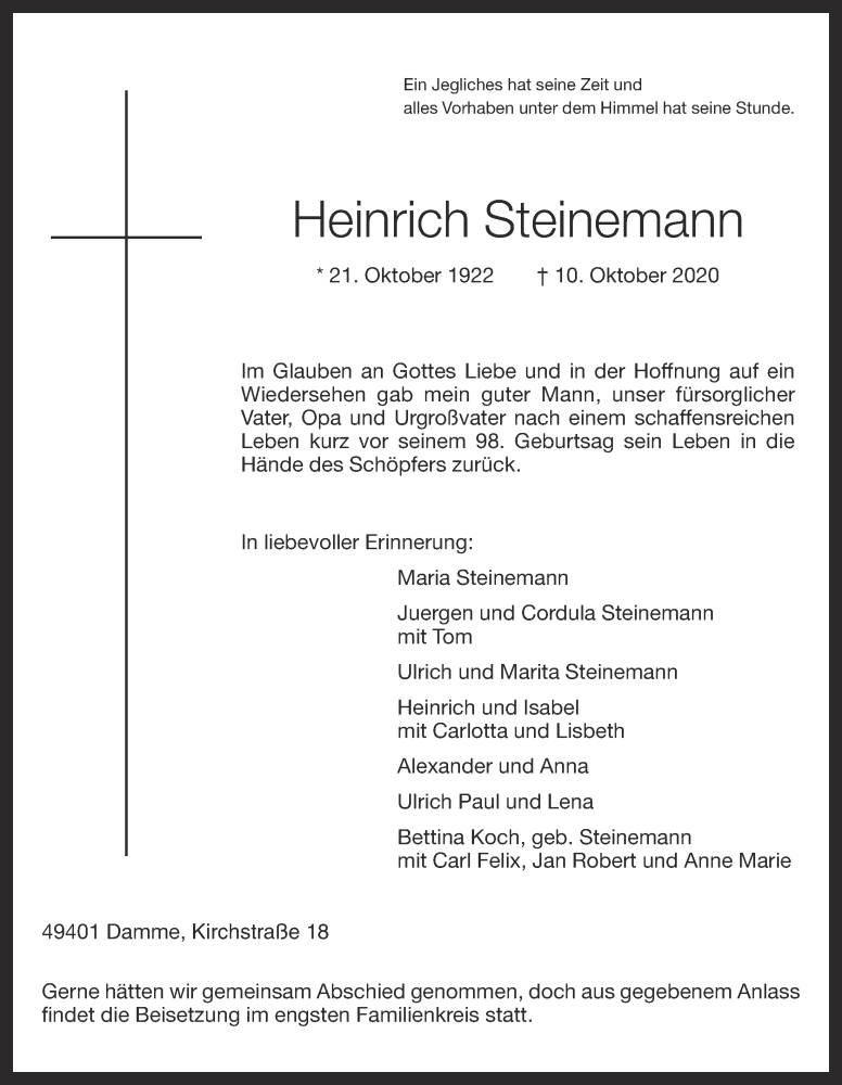  Traueranzeige für Heinrich Steinemann vom 14.10.2020 aus OM-Medien