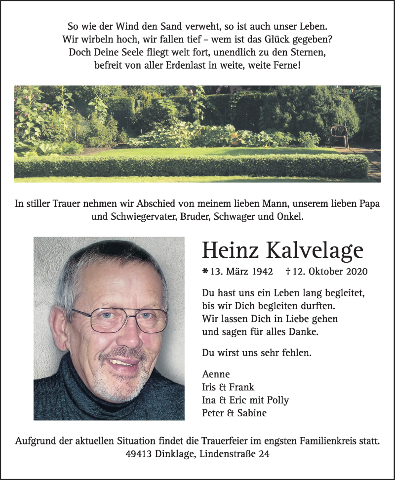  Traueranzeige für Heinz Kalvelage vom 15.10.2020 aus OM-Medien