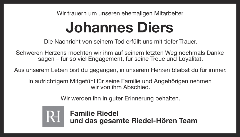  Traueranzeige für Johannes Diers vom 27.10.2020 aus OM-Medien