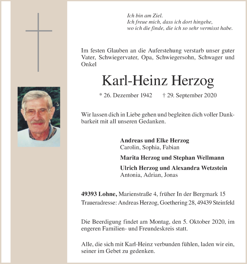  Traueranzeige für Karl-Heinz Herzog vom 01.10.2020 aus OM-Medien
