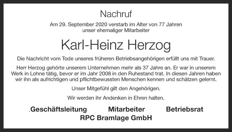  Traueranzeige für Karl-Heinz Herzog vom 02.10.2020 aus OM-Medien