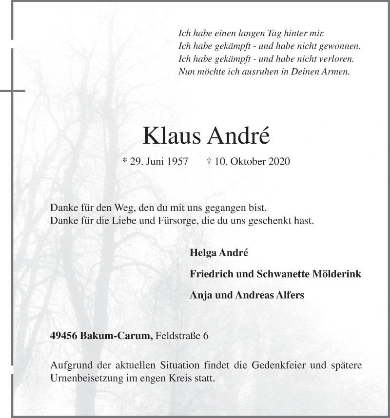 Traueranzeige für Klaus André vom 13.10.2020 aus OM-Medien