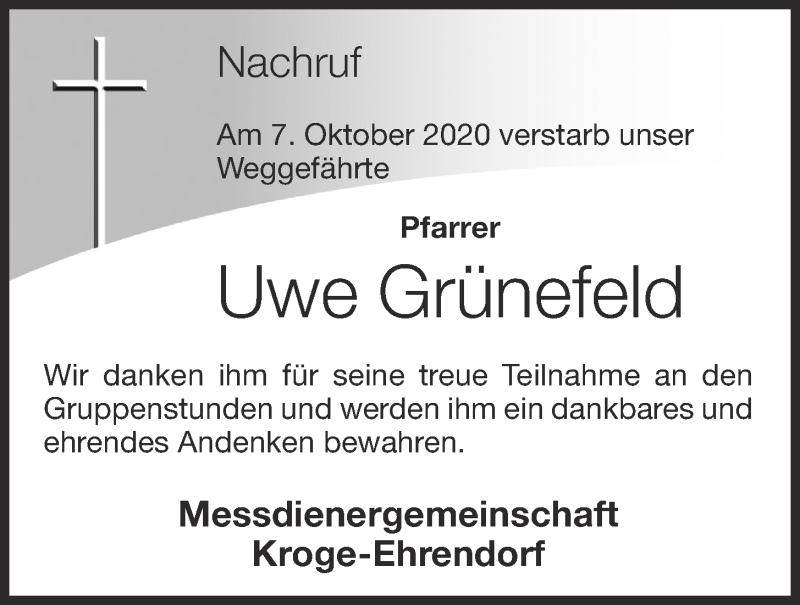  Traueranzeige für Uwe Grünefeld vom 09.10.2020 aus OM-Medien