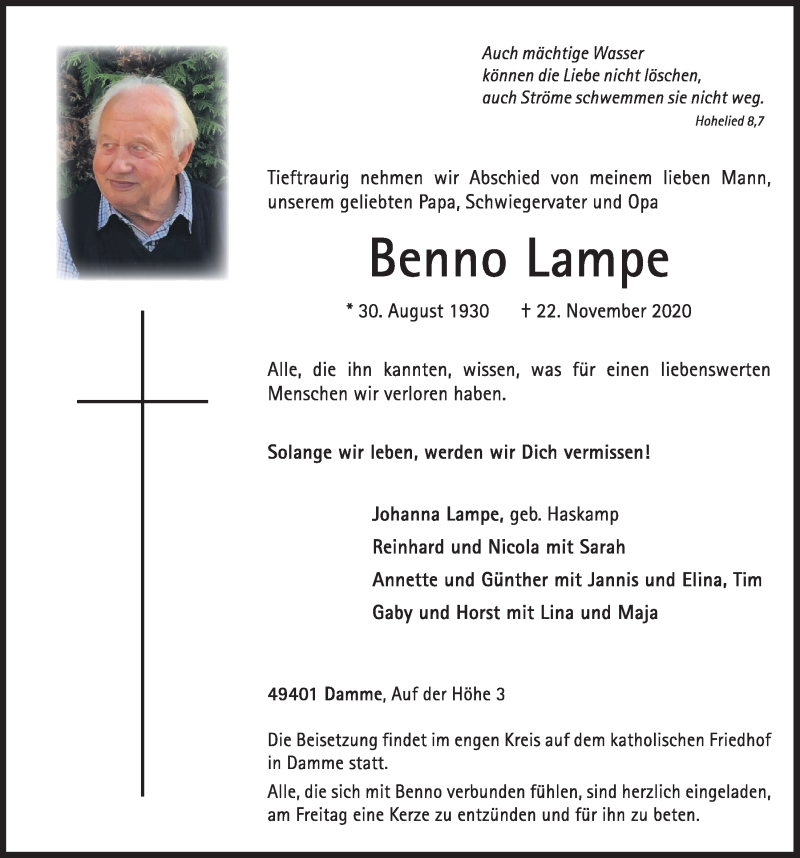  Traueranzeige für Benno Lampe vom 24.11.2020 aus OM-Medien