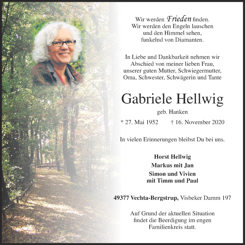  Traueranzeige für Gabriele Hellwig vom 18.11.2020 aus OM-Medien