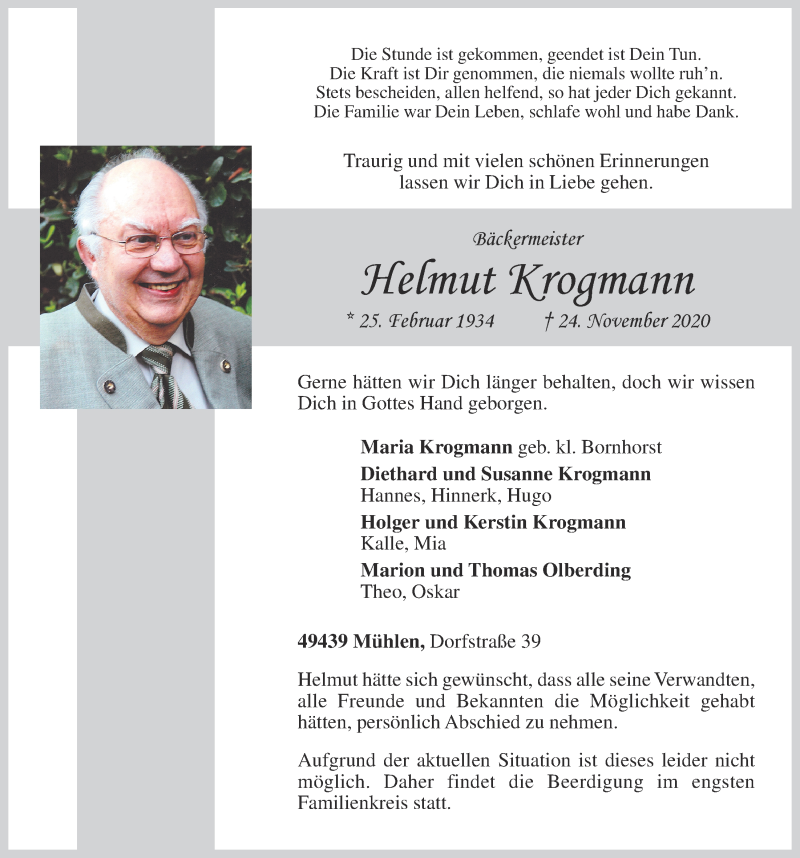  Traueranzeige für Helmut Krogmann vom 26.11.2020 aus OM-Medien