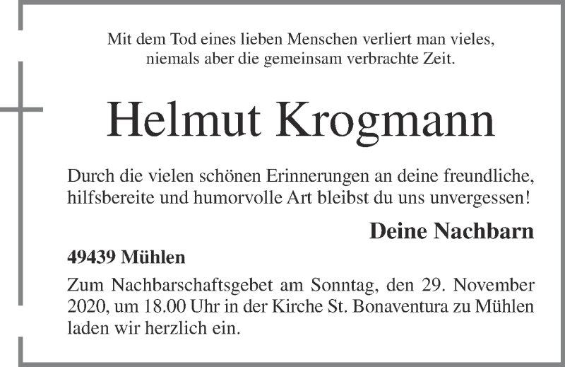  Traueranzeige für Helmut Krogmann vom 27.11.2020 aus OM-Medien