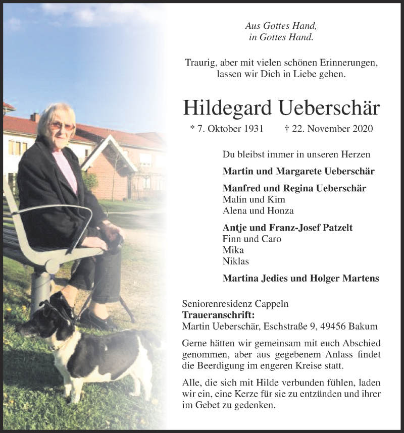  Traueranzeige für Hildegard Ueberschär vom 26.11.2020 aus OM-Medien