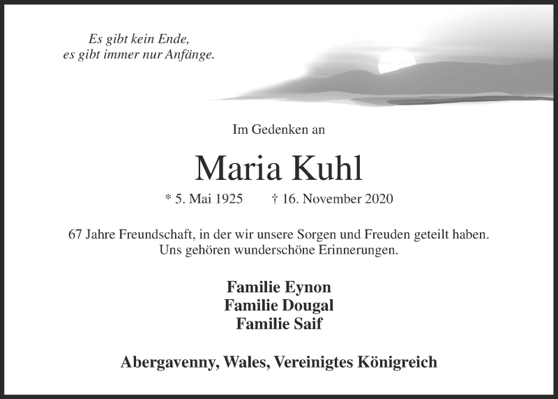  Traueranzeige für Maria Kuhl vom 18.11.2020 aus OM-Medien
