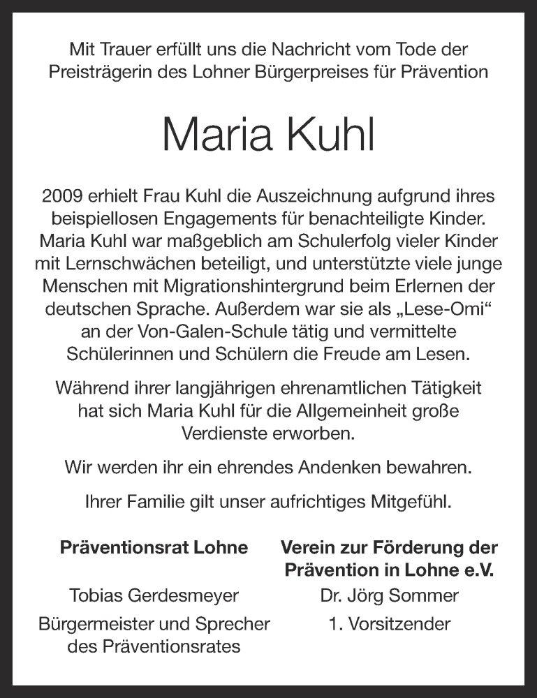  Traueranzeige für Maria Kuhl vom 19.11.2020 aus OM-Medien