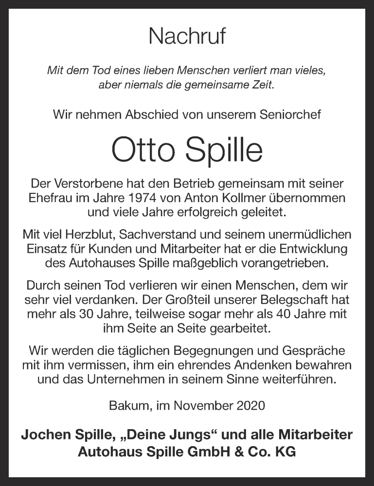  Traueranzeige für Otto Spille vom 16.11.2020 aus OM-Medien