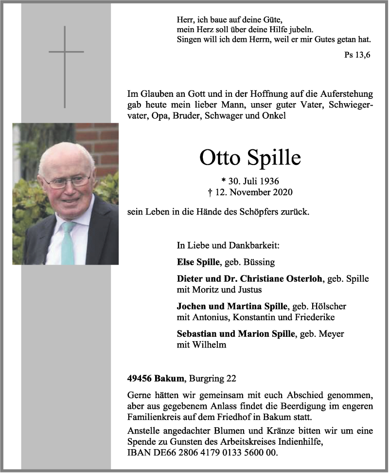  Traueranzeige für Otto Spille vom 14.11.2020 aus OM-Medien