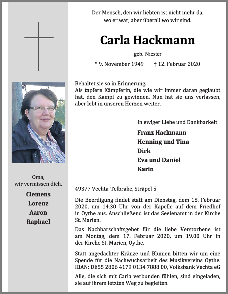  Traueranzeige für Carla Hackmann vom 14.02.2020 aus OM-Medien