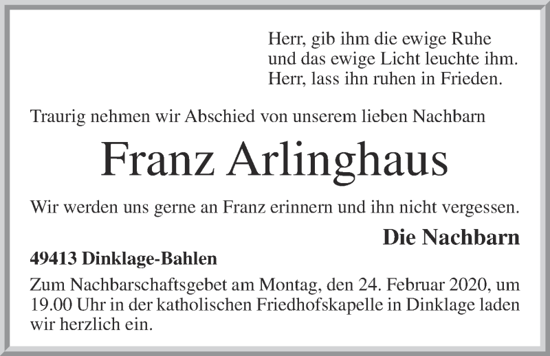  Traueranzeige für Franz Arlinghaus vom 22.02.2020 aus OM-Medien