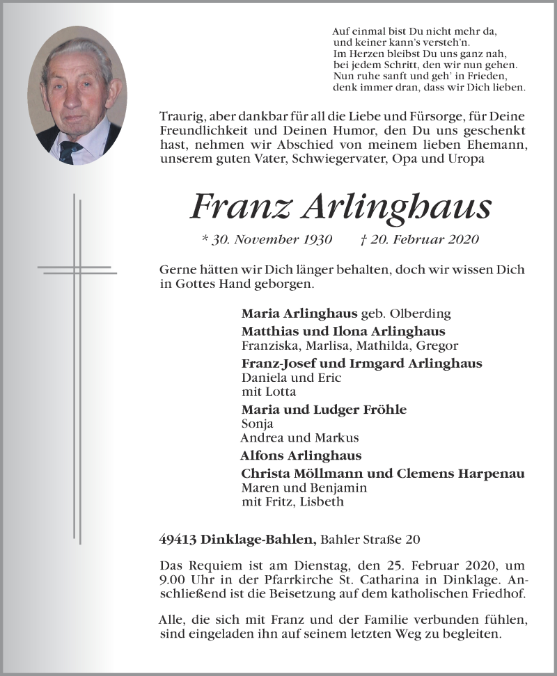  Traueranzeige für Franz Arlinghaus vom 21.02.2020 aus OM-Medien