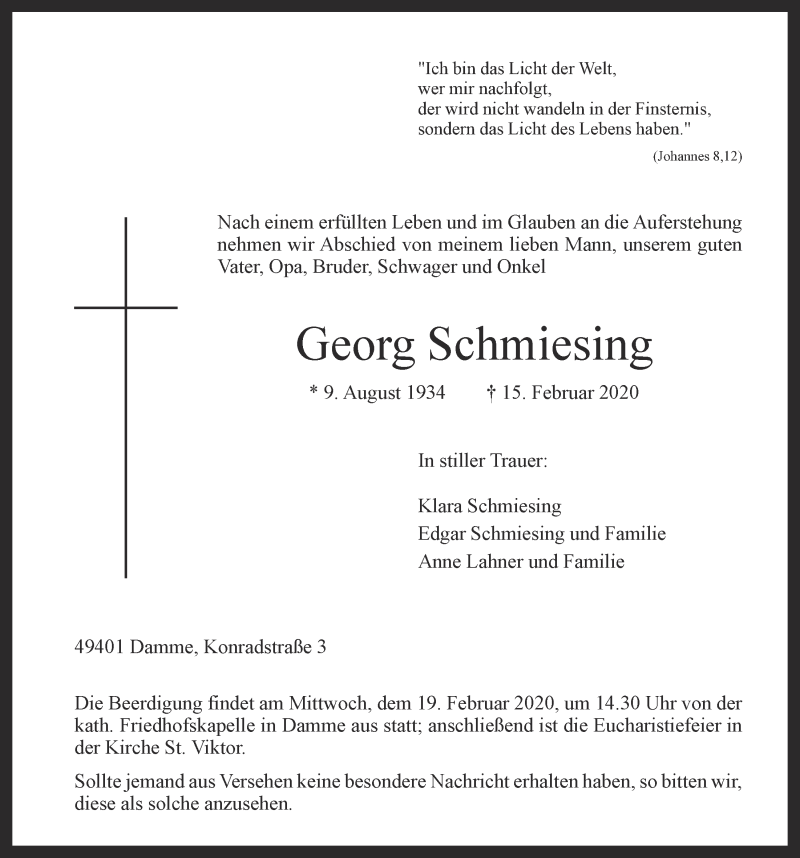  Traueranzeige für Georg Schmiesing vom 17.02.2020 aus OM-Medien