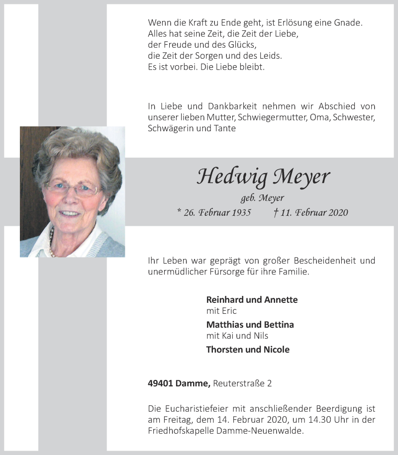  Traueranzeige für Hedwig Meyer vom 12.02.2020 aus OM-Medien