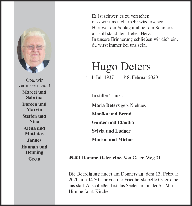  Traueranzeige für Hugo Deters vom 11.02.2020 aus OM-Medien