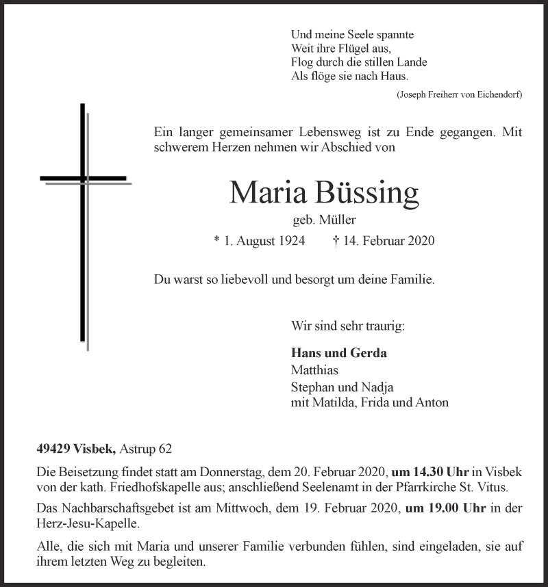  Traueranzeige für Maria Büssing vom 17.02.2020 aus OM-Medien