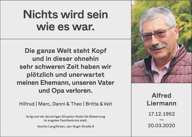  Traueranzeige für Alfred Liermann vom 24.03.2020 aus OM-Medien