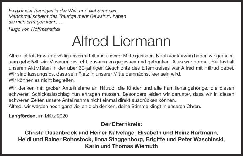  Traueranzeige für Alfred Liermann vom 25.03.2020 aus OM-Medien