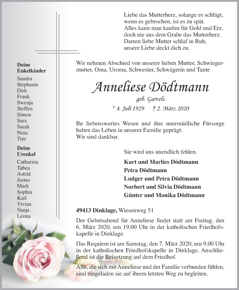  Traueranzeige für Anneliese Dödtmann vom 04.03.2020 aus OM-Medien