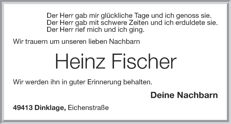  Traueranzeige für Heinz Fischer vom 31.03.2020 aus OM-Medien