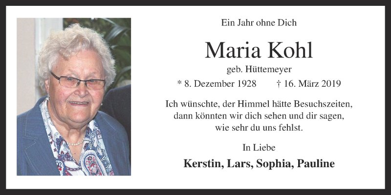  Traueranzeige für Maria Kohl vom 16.03.2020 aus OM-Medien