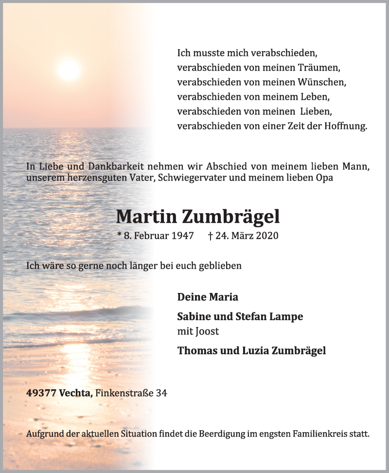  Traueranzeige für Martin Zumbrägel vom 26.03.2020 aus OM-Medien