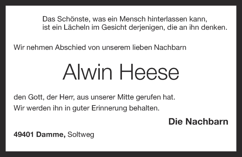  Traueranzeige für Alwin Heese vom 03.04.2020 aus OM-Medien