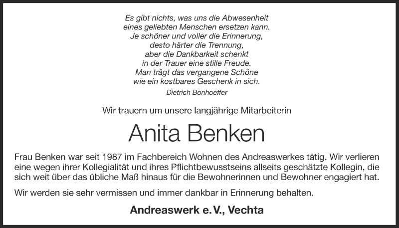  Traueranzeige für Anita Benken vom 28.04.2020 aus OM-Medien