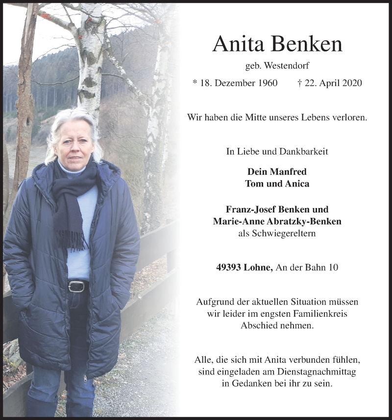  Traueranzeige für Anita Benken vom 25.04.2020 aus OM-Medien