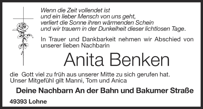  Traueranzeige für Anita Benken vom 27.04.2020 aus OM-Medien