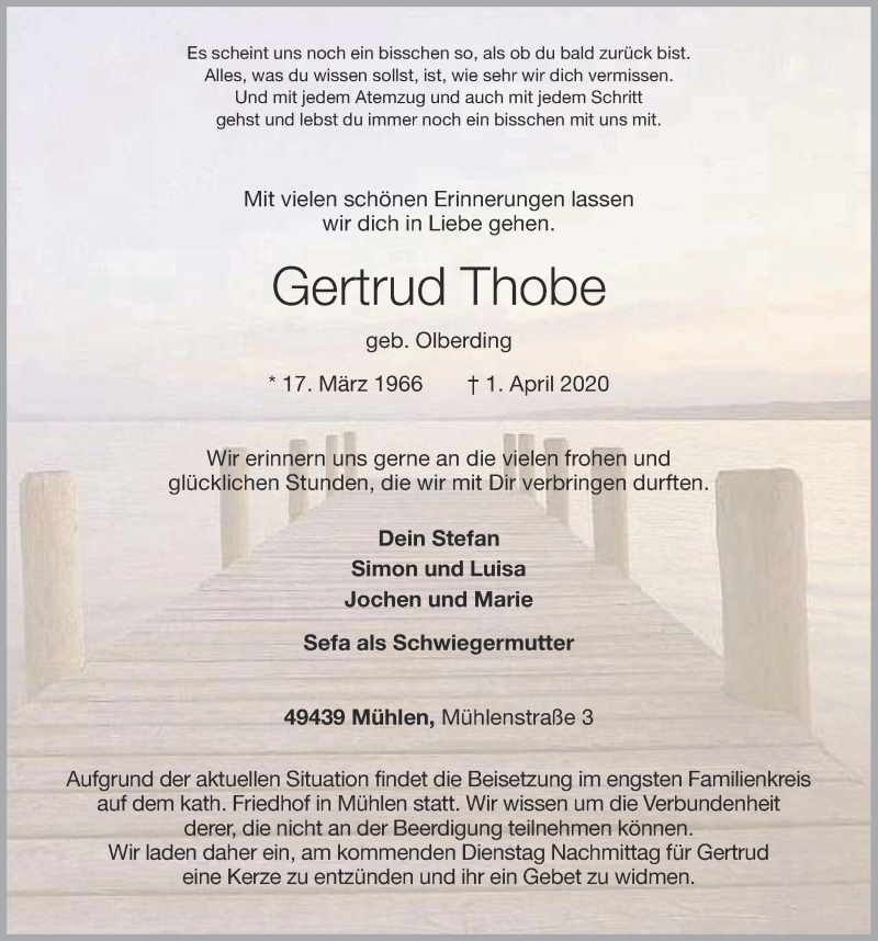  Traueranzeige für Gertrud Thobe vom 03.04.2020 aus OM-Medien