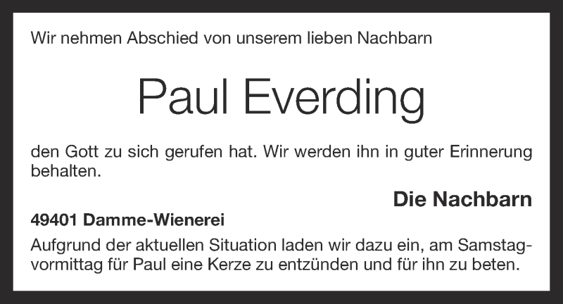  Traueranzeige für Paul Everding vom 09.04.2020 aus OM-Medien