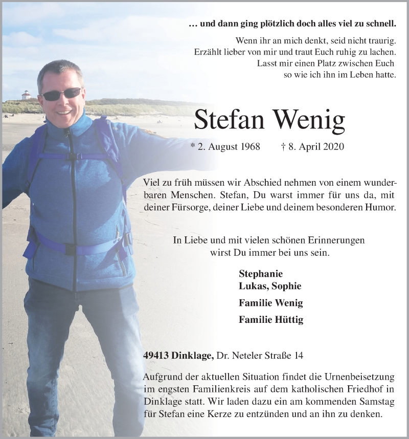  Traueranzeige für Stefan Wenig vom 11.04.2020 aus OM-Medien