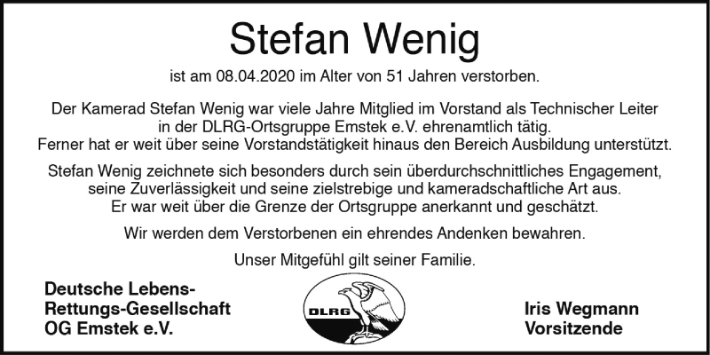  Traueranzeige für Stefan Wenig vom 14.04.2020 aus OM-Medien