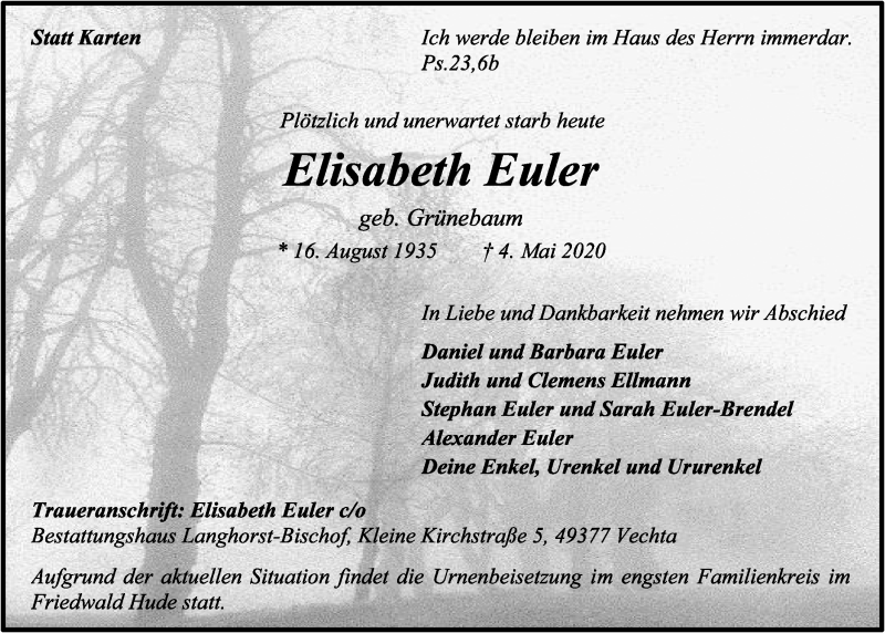  Traueranzeige für Elisabeth Euler vom 09.05.2020 aus OM-Medien