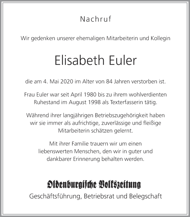  Traueranzeige für Elisabeth Euler vom 12.05.2020 aus OM-Medien
