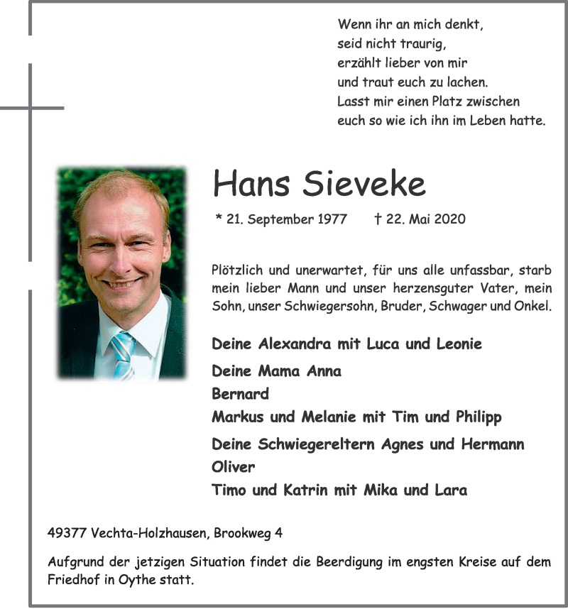  Traueranzeige für Hans Sieveke vom 25.05.2020 aus OM-Medien