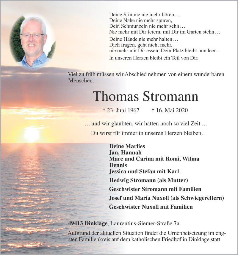  Traueranzeige für Thomas Stromann vom 18.05.2020 aus OM-Medien