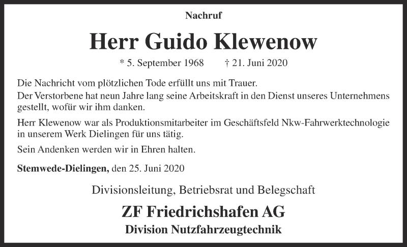  Traueranzeige für Guido Klewenow vom 25.06.2020 aus OM-Medien